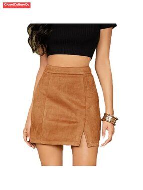 Faux Suede High Waist Bodycon Mini Skirt Side Split Slim Fit